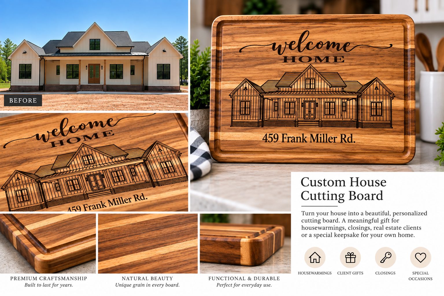Custom house portrait transformed into a personalized cutting board
